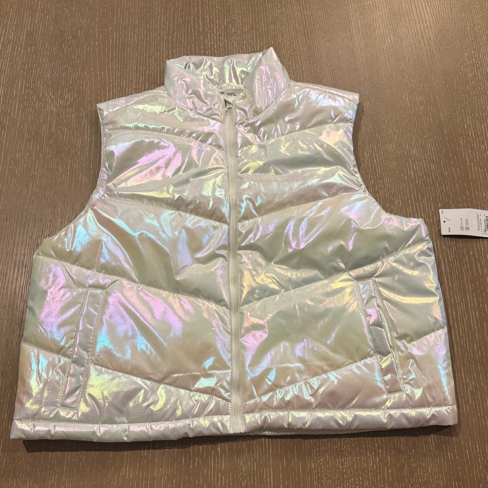 Xersion Girls 3XL 22.5 Plus Iridescent Puffer Vest Zip Up Silver Holographic NEW